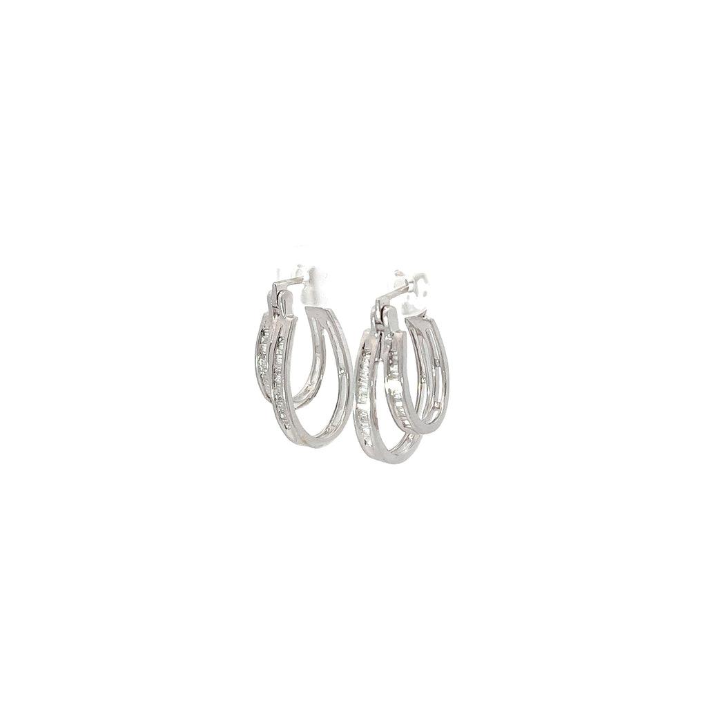 14k White Gold  .75ct G VS2 Double Hoop Channel Set Baguette Earrings