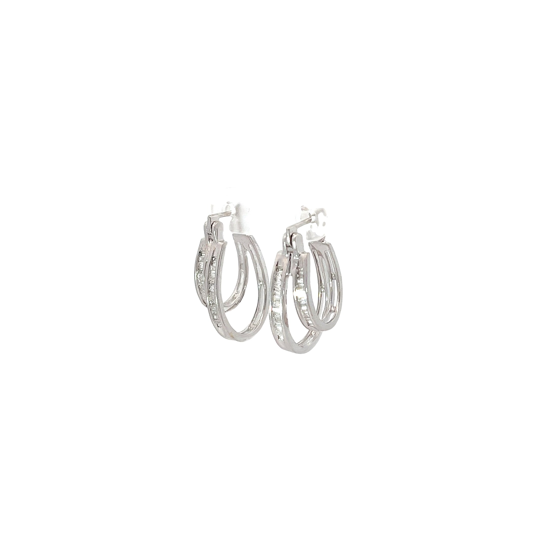 14k White Gold  .75ct G VS2 Double Hoop Channel Set Baguette Earrings