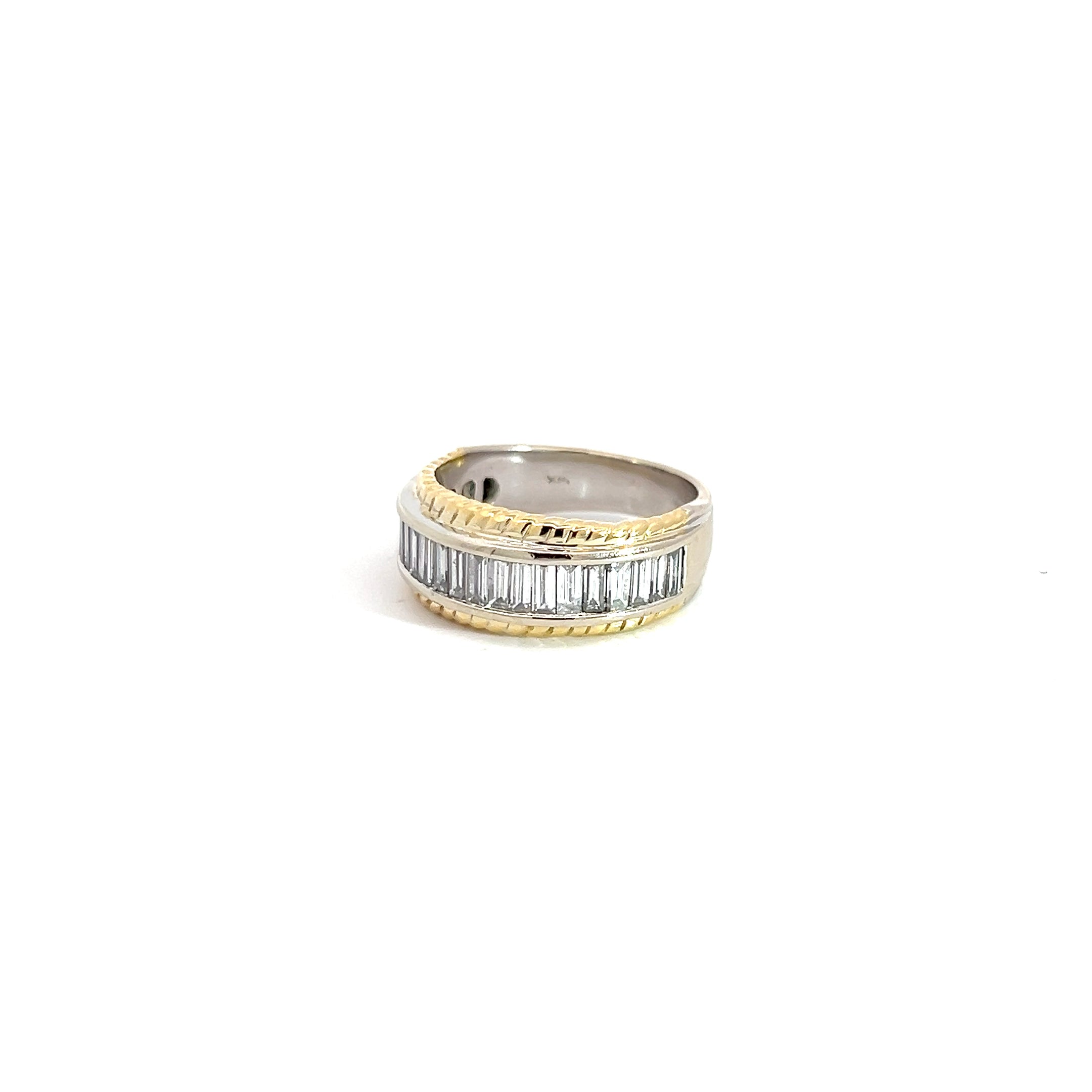 14k Two Tone 1.50ct E VS2 Channel Set Baguette Diamond with Braided Edges Ring 7.60 gram 9mm Ring