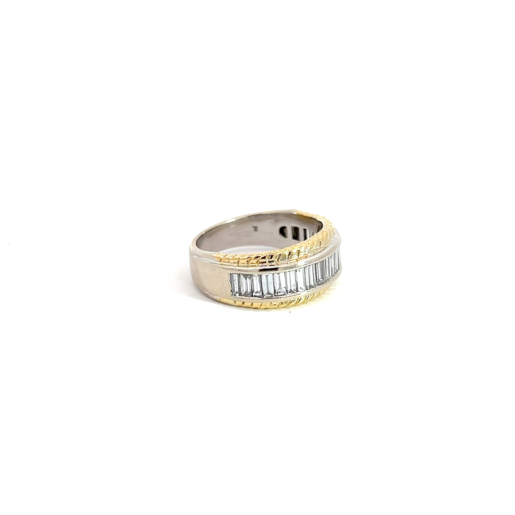 14k Two Tone 1.50ct E VS2 Channel Set Baguette Diamond with Braided Edges Ring 7.60 gram 9mm Ring