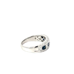 14k White Gold 1.00ct G VS2 Round Diamond /.60ct Princess Cut Blue Sapphire with Pave Style Ring