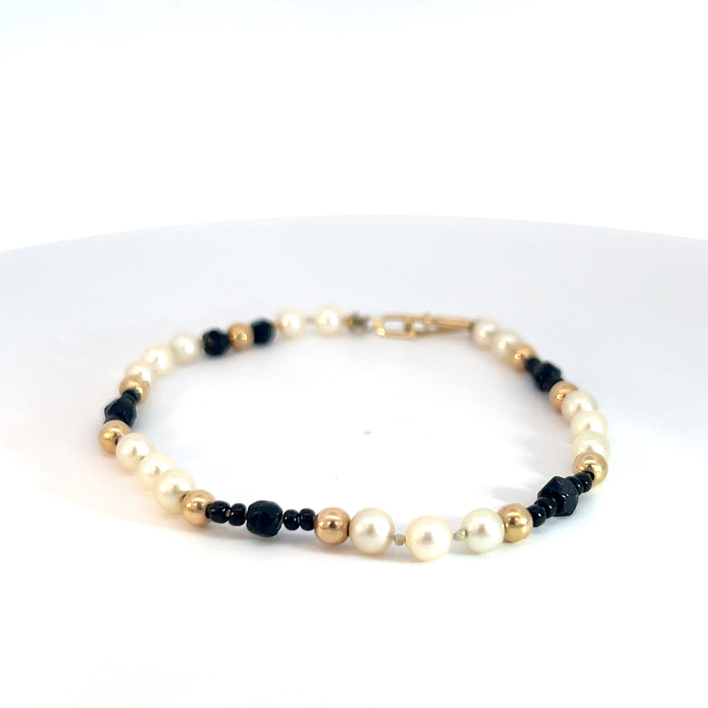 14k Yellow Gold Pearl and Onyx Beaded Bracelet 7 1/2 "inch 4.5mm