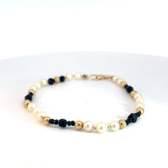 14k Yellow Gold Pearl and Onyx Beaded Bracelet 7 1/2 "inch 4.5mm