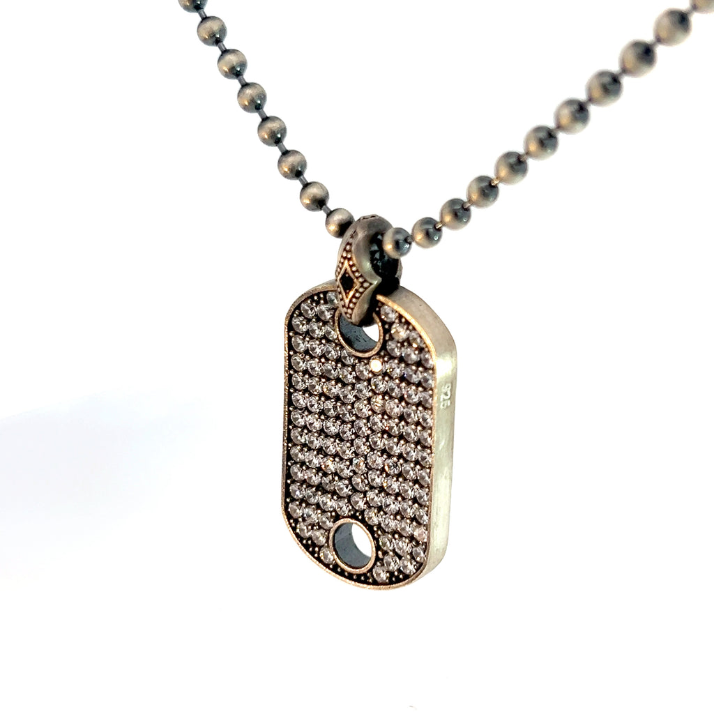 Sterling Silver 29.1 gram Beaded Necklace/ Dog Tag with Black Onyx and Round Cubic Zirconium and Fist Pendant