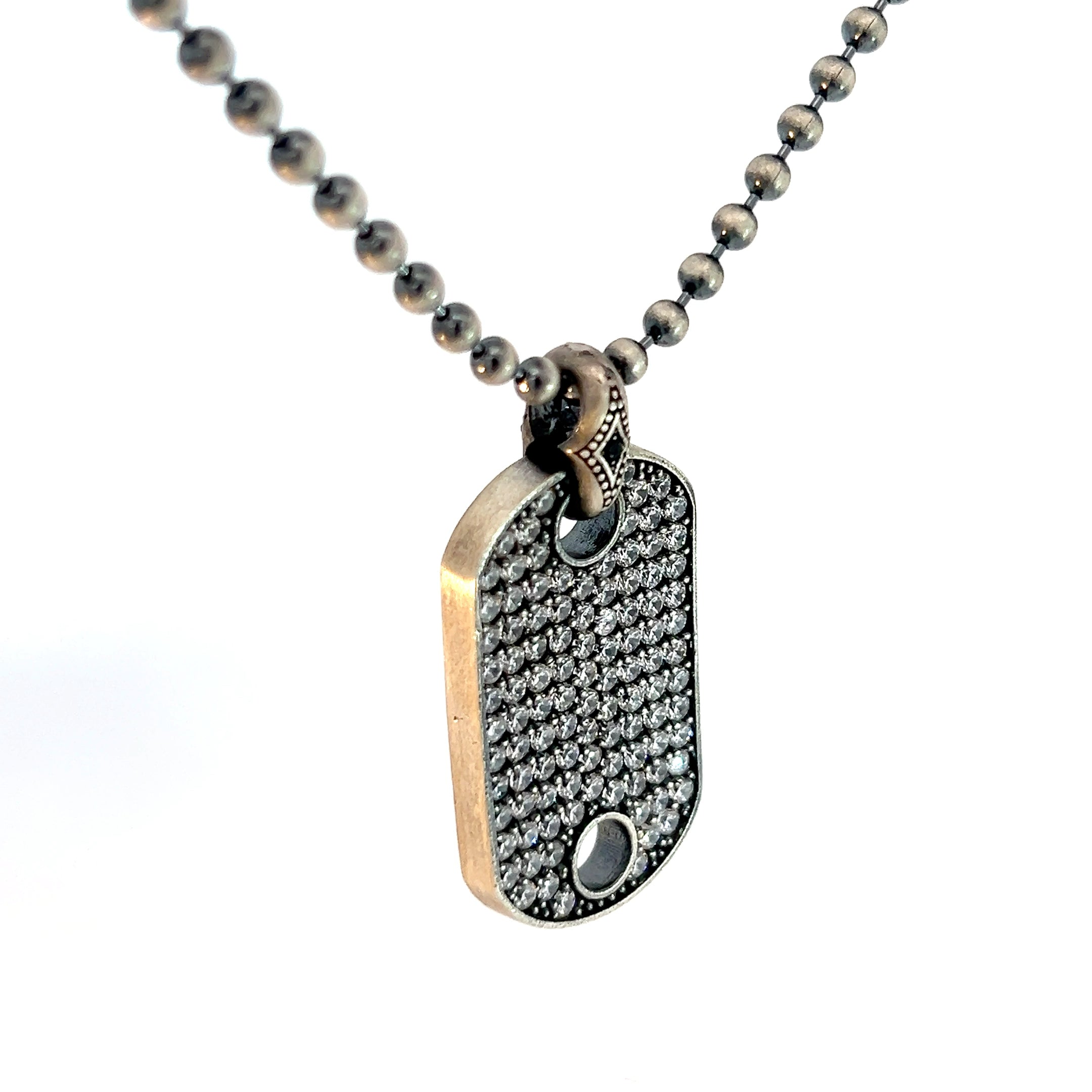 Sterling Silver 29.1 gram Beaded Necklace/ Dog Tag with Black Onyx and Round Cubic Zirconium and Fist Pendant