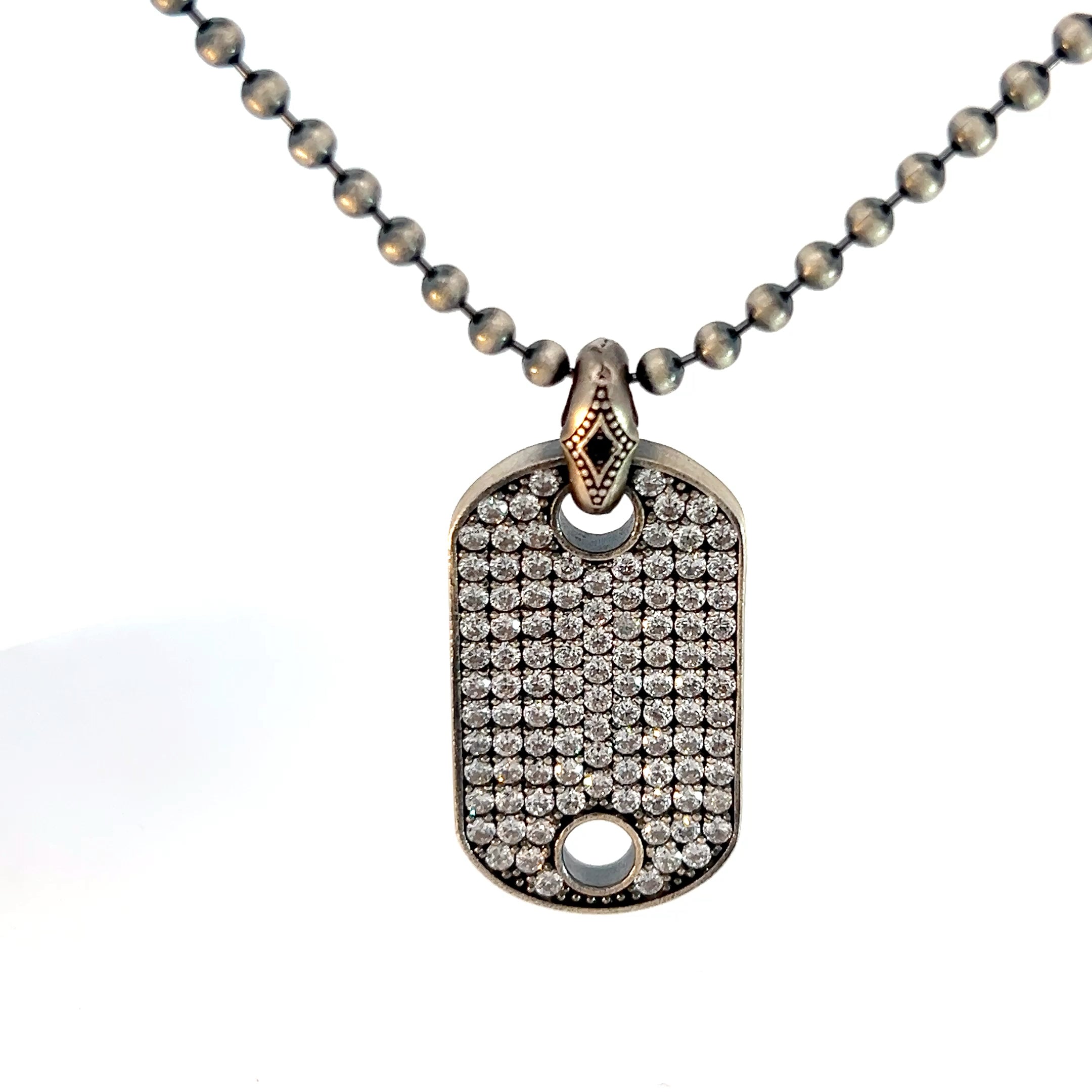 Sterling Silver 29.1 gram Beaded Necklace/ Dog Tag with Black Onyx and Round Cubic Zirconium and Fist Pendant