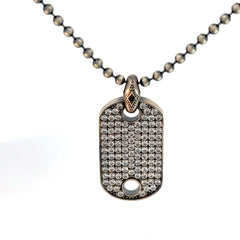 Sterling Silver 29.1 gram Beaded Necklace/ Dog Tag with Black Onyx and Round Cubic Zirconium Pendant
