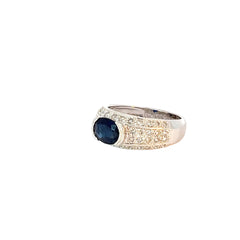 14k White Gold 1.50ct Center Oval  Blue Sapphire and surround by .50ct F VS2 Round Ring