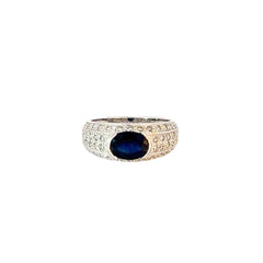 14k White Gold 1.50ct Center Oval  Blue Sapphire and surround by .50ct F VS2 Round Ring