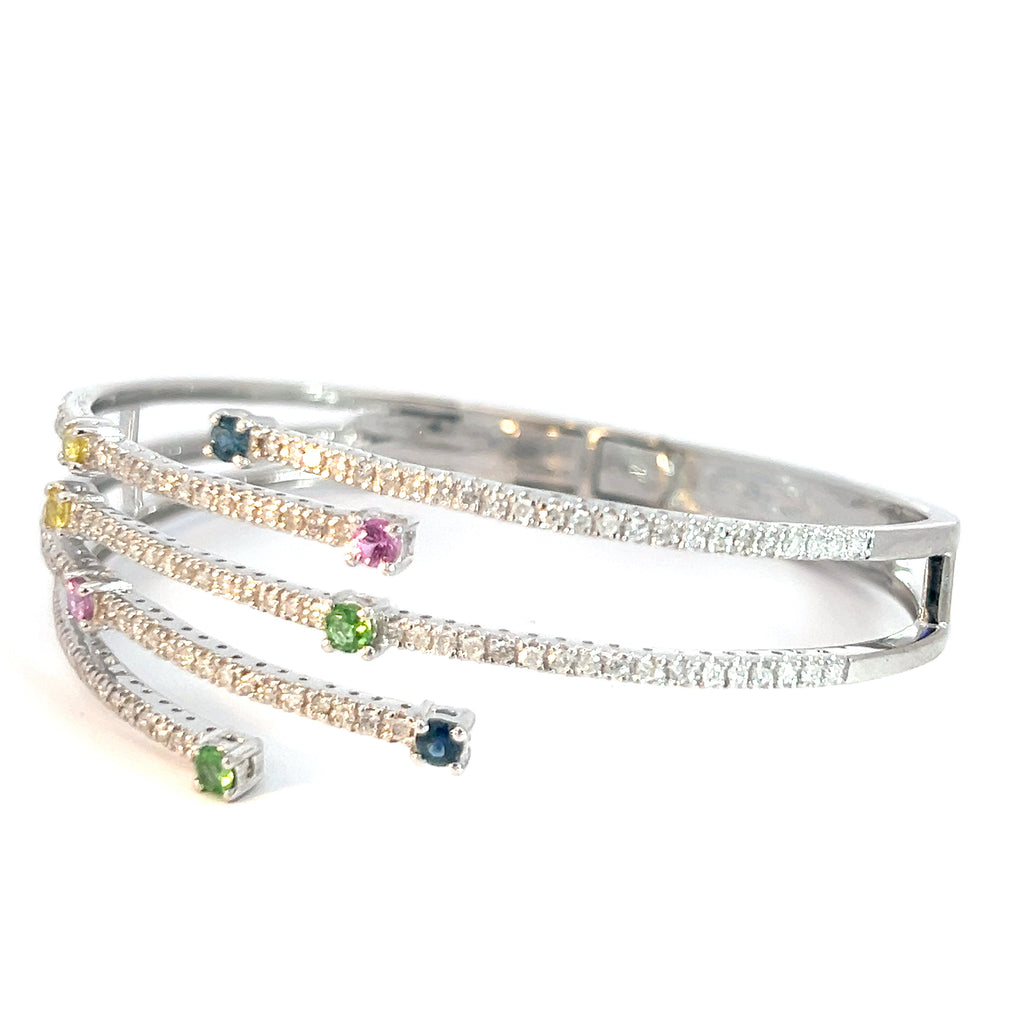 14k White Gold 1.50ct G SI1 Round Diamond /1.25ct Round Green, Pink, Yellow, Blue Multi Sapphire Diamond Cuff Shooting Stars