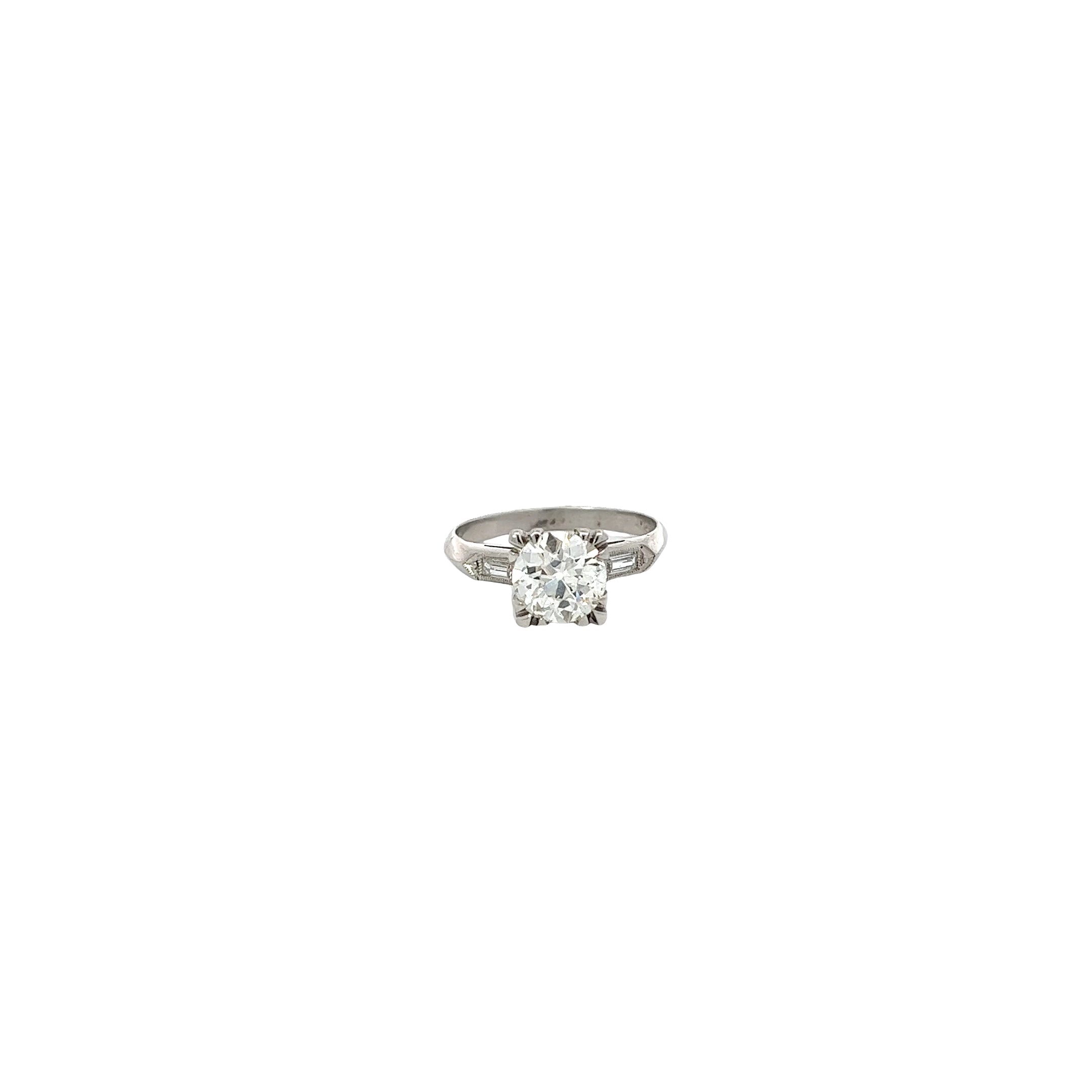 PLATINUM VINTAGE 1.58 CT K SI1 OLD MINE CUT AND .20CT BAGUETTE ENGAGEMENT RING CERFIED BY GIA # 2235074635