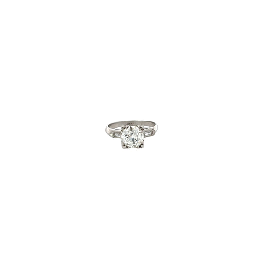 Platinum Vintage 1.58ct K SI1 Old Mine Cut and .20ct Baguette Engagement Ring Certified by GIA #2235074635