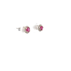 18k Yellow Gold .55ct Round Ruby and Around the Halo.25ct G SI1 Diamond Stud Earrings