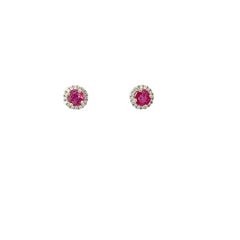 18k Yellow Gold .55ct Round Ruby and Around the Halo.25ct G SI1 Diamond Stud Earrings