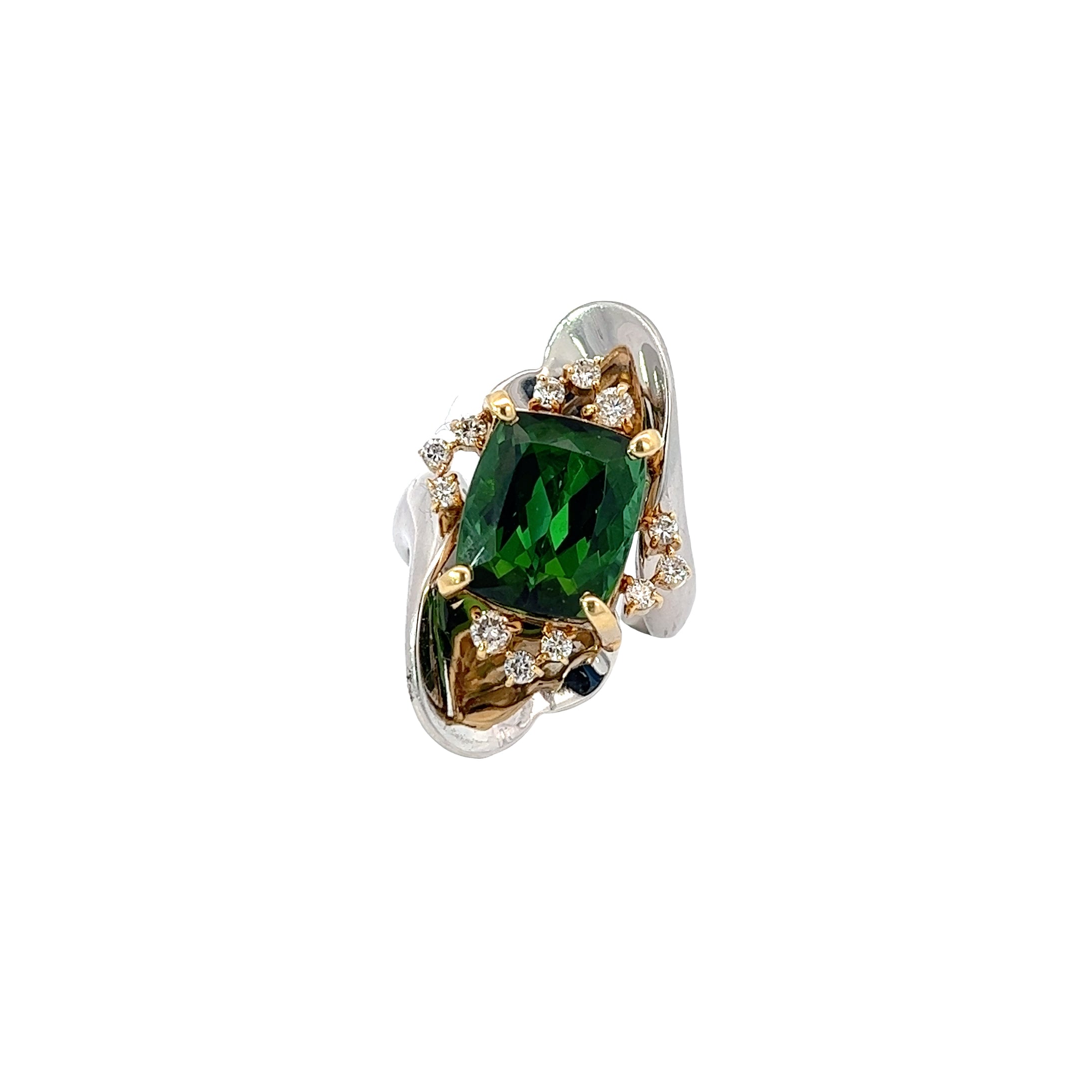 PLATINUM AND 18K YELLOW GOLD 7.80CT GREEN TOURMALINE AND .38CT E VS2 LOVE PEDALS RING GIA CERITIED
