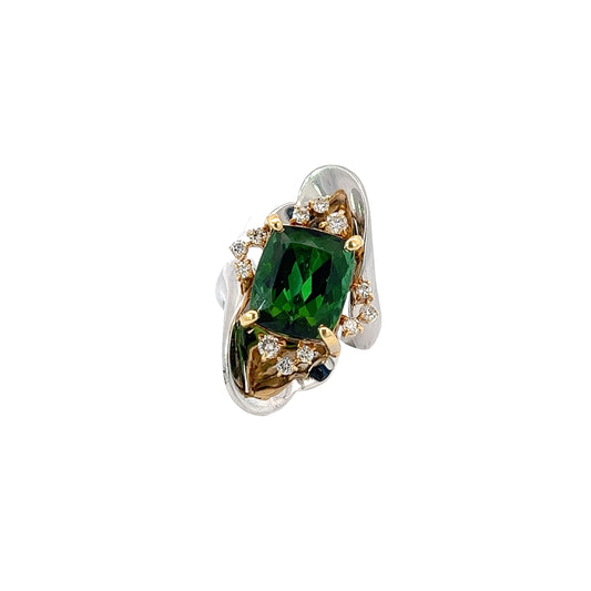 Platinum and 18k Yellow Gold 7.80ct Green Tourmaline and .38ct E VS2 Love Petals Ring GIA Certified