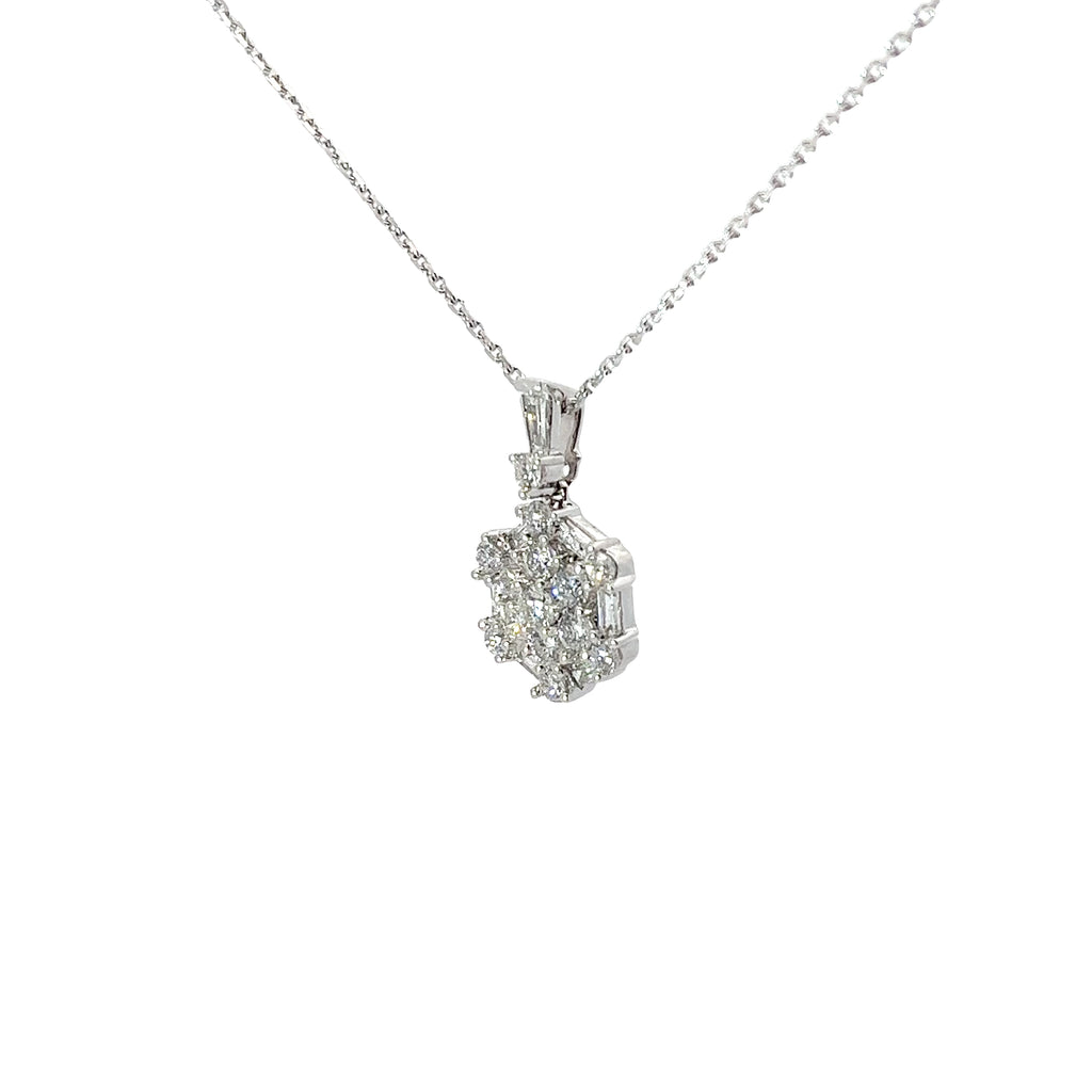 18k White Gold .75ct G VS2 Round and Baguette Diamond Cluster Necklace