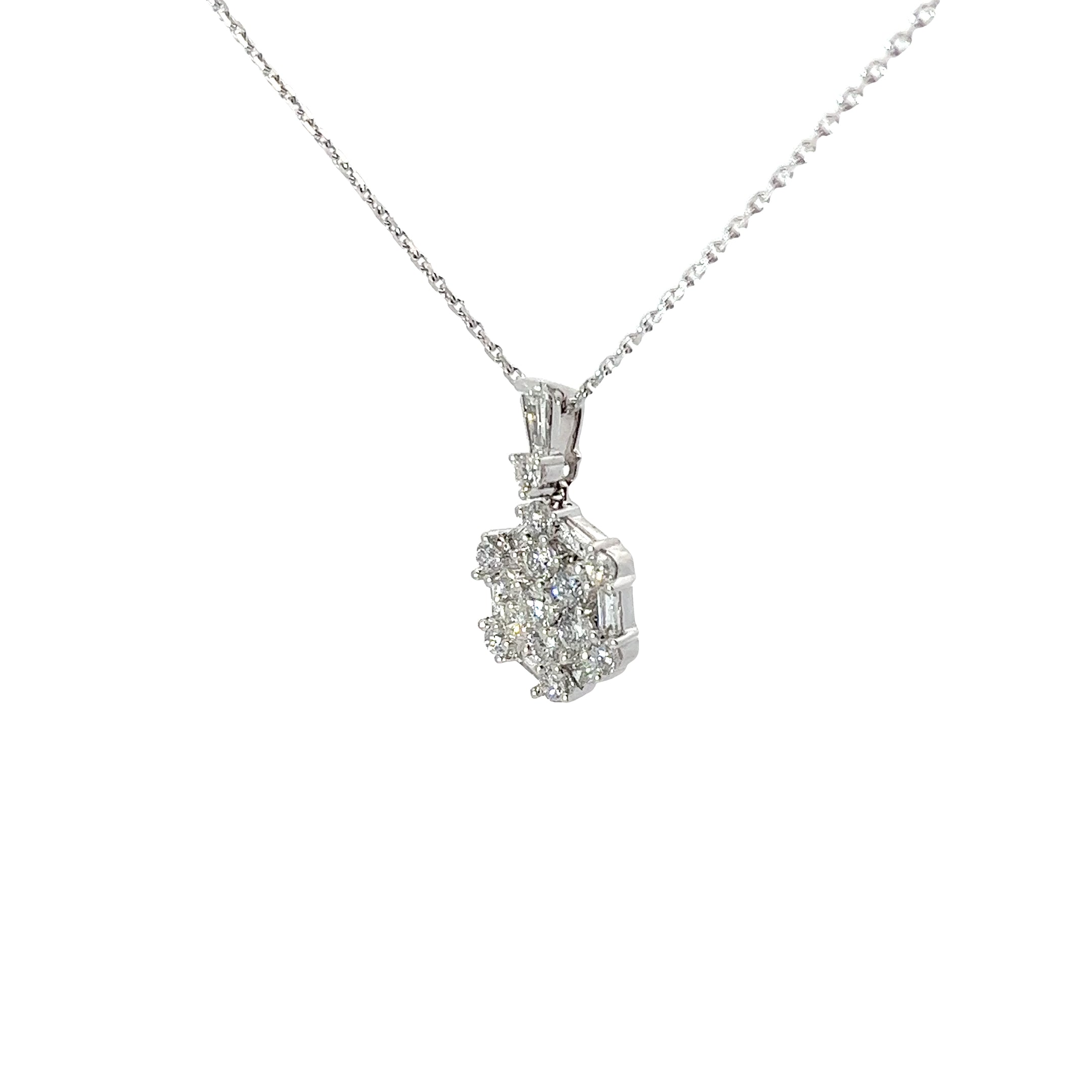 18k White Gold .75ct G VS2 Round and Baguette Diamond Cluster Necklace