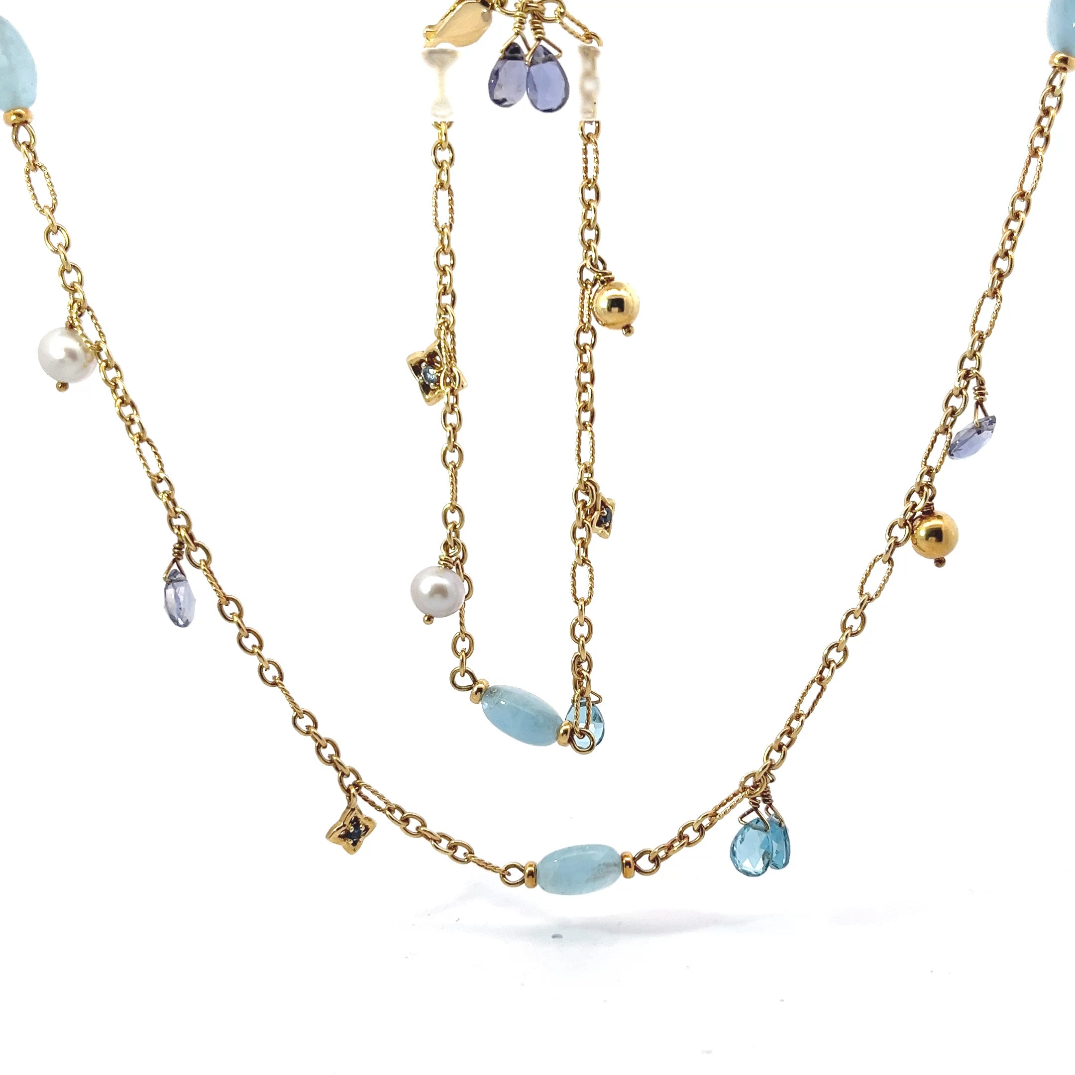 Pre Loved David Yurman 18K YELLOW GOLD VINTAGE AQUA BEAD, IOLITE, BLUE TOPAZ BRIOLETTE AND PEARL DANGLE Necklace and Bracelet set