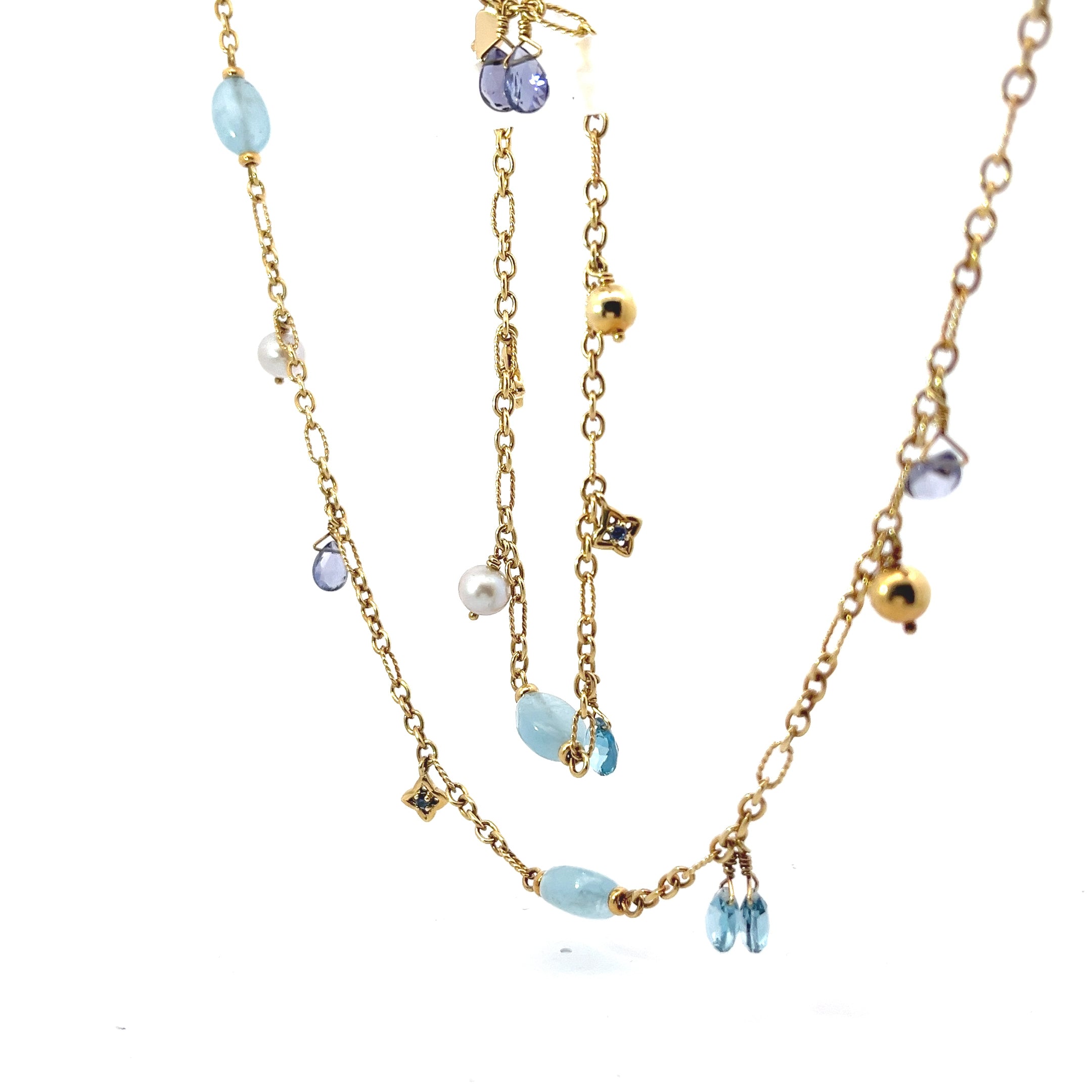 Pre Loved David Yurman 18K YELLOW GOLD VINTAGE AQUA BEAD, IOLITE, BLUE TOPAZ BRIOLETTE AND PEARL DANGLE Necklace and Bracelet set
