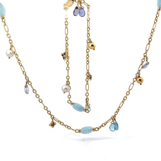 Pre-Loved David Yurman 18k Yellow Gold Vintage Aqua Bead, Iolite, Blue Topaz Briolette and Pearl Dangle Necklace and Bracelet Set