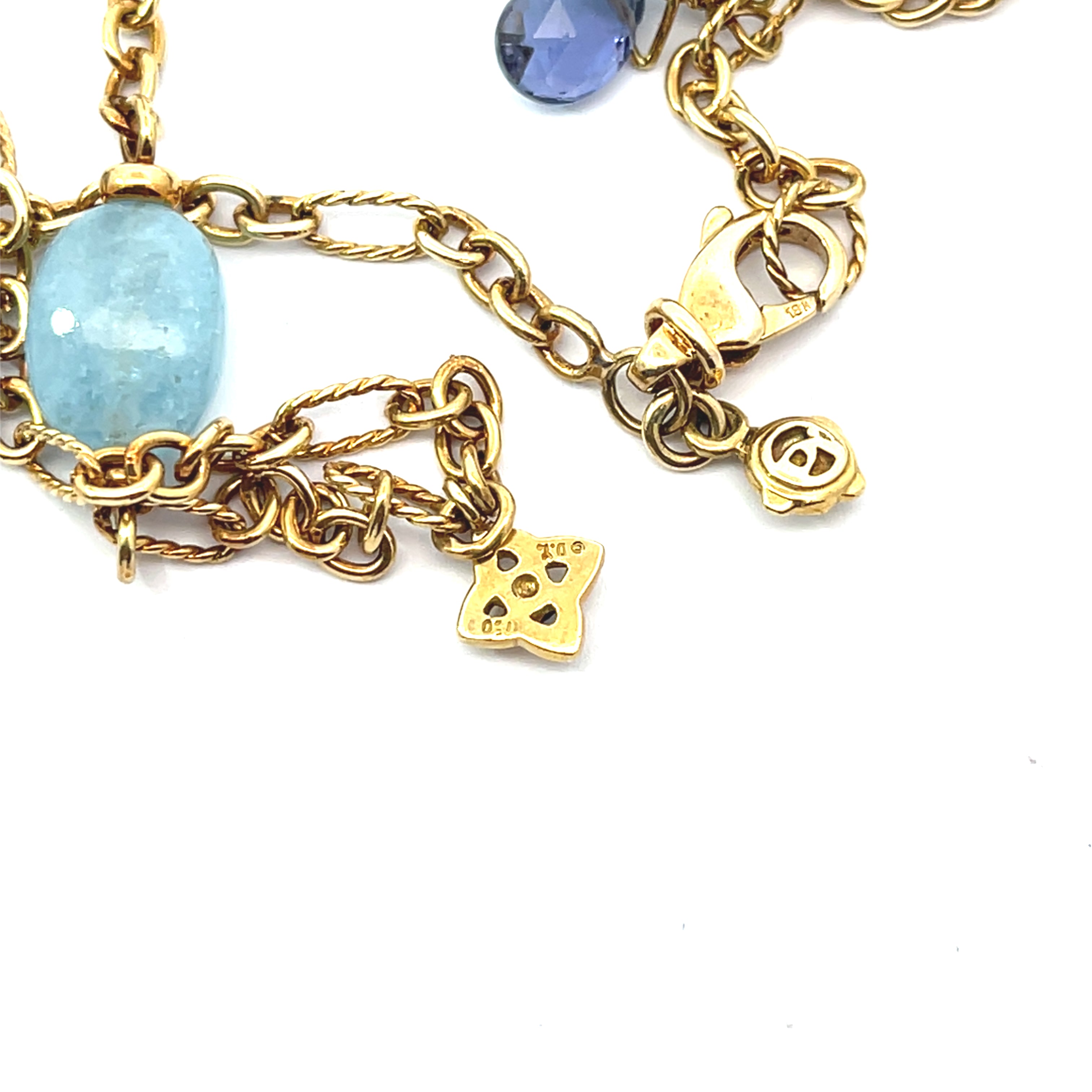 Pre Loved David Yurman 18K YELLOW GOLD VINTAGE AQUA BEAD, IOLITE, BLUE TOPAZ BRIOLETTE AND PEARL DANGLE Necklace and Bracelet set