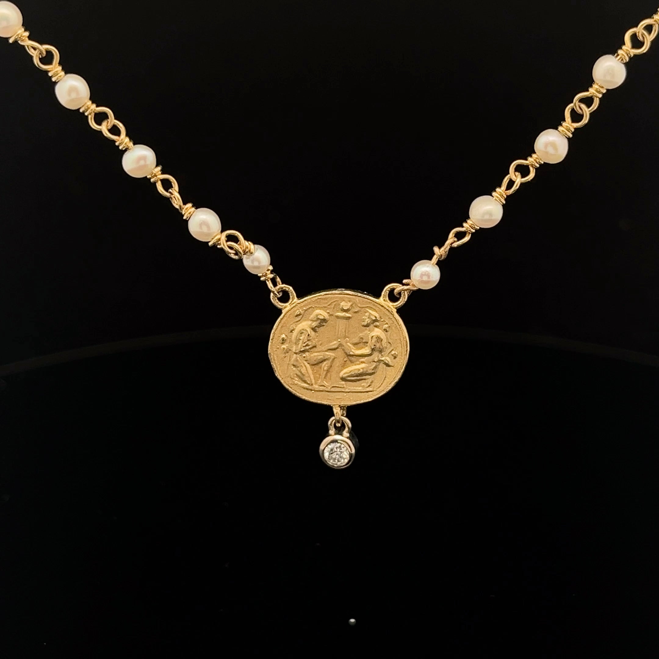 14k Yellow Gold  .10ct G VS2 Roman Coin with Pearl Necklace 9.4 gram
