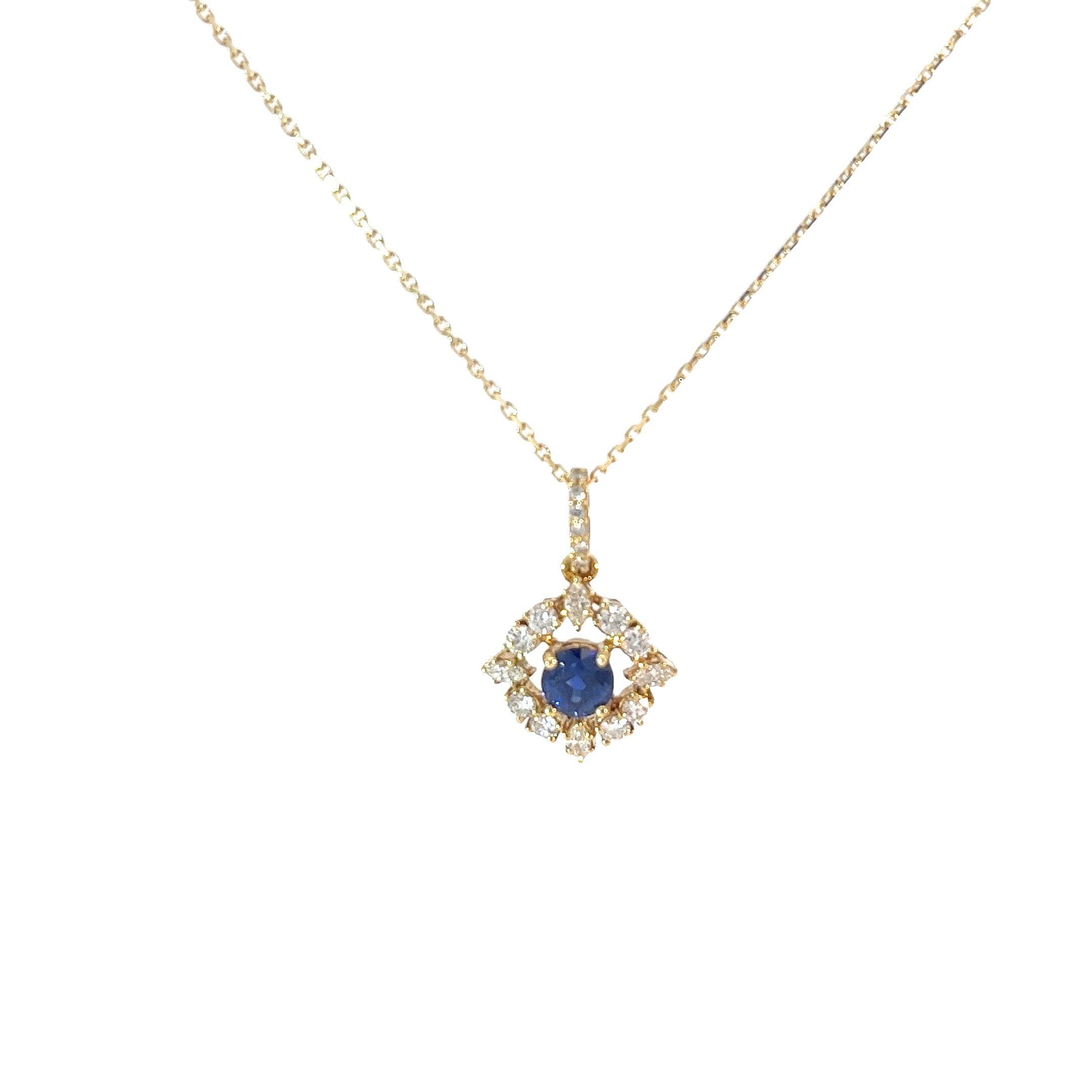 18K YELLOW GOLD .75CT SAPPHIRE AAA AND .65CT FVS2 DIAMOND PENDANT