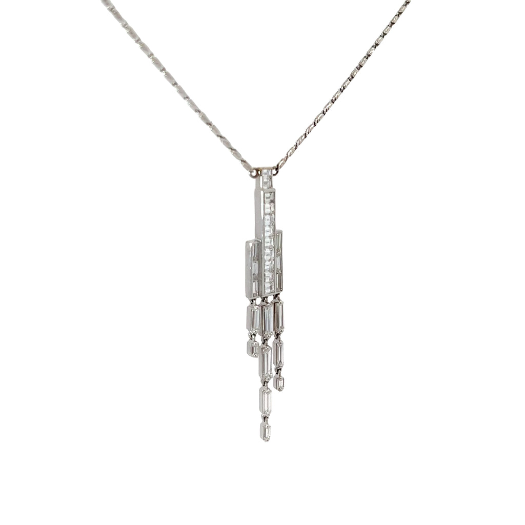 14k White Gold 1.92ct E VVS2 Baguette and Emerald Shaped Diamond Waterfall Necklace