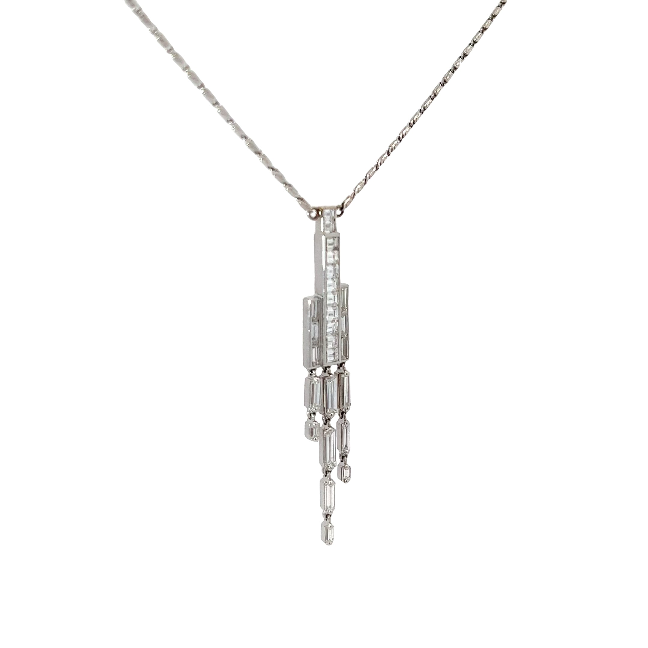14k White Gold 1.92ct E VVS2 Baguette and Emerald Shaped Diamond Waterfall Necklace