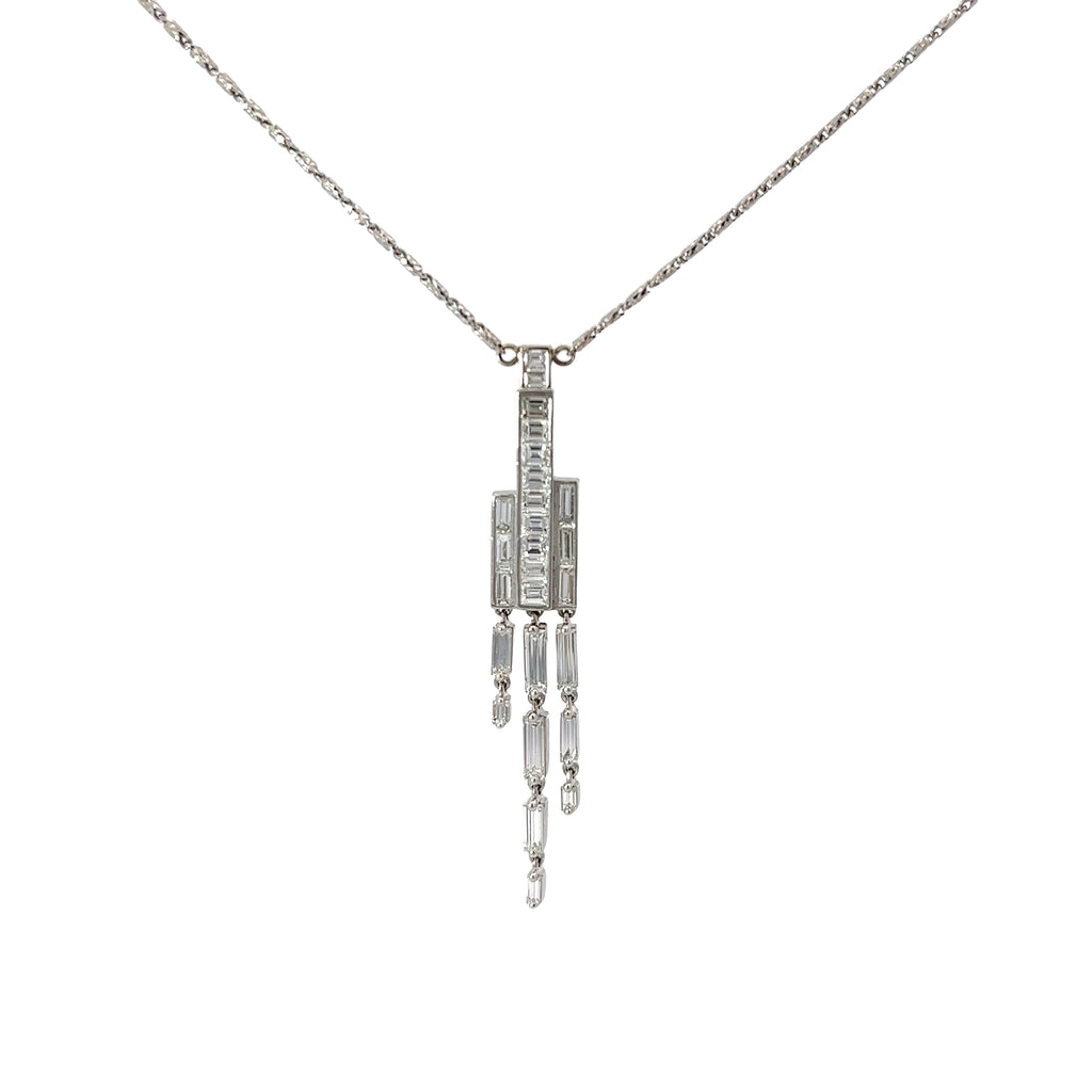 14k White Gold 1.92ct E VVS2 Baguette and Emerald Shaped Diamond Waterfall Necklace