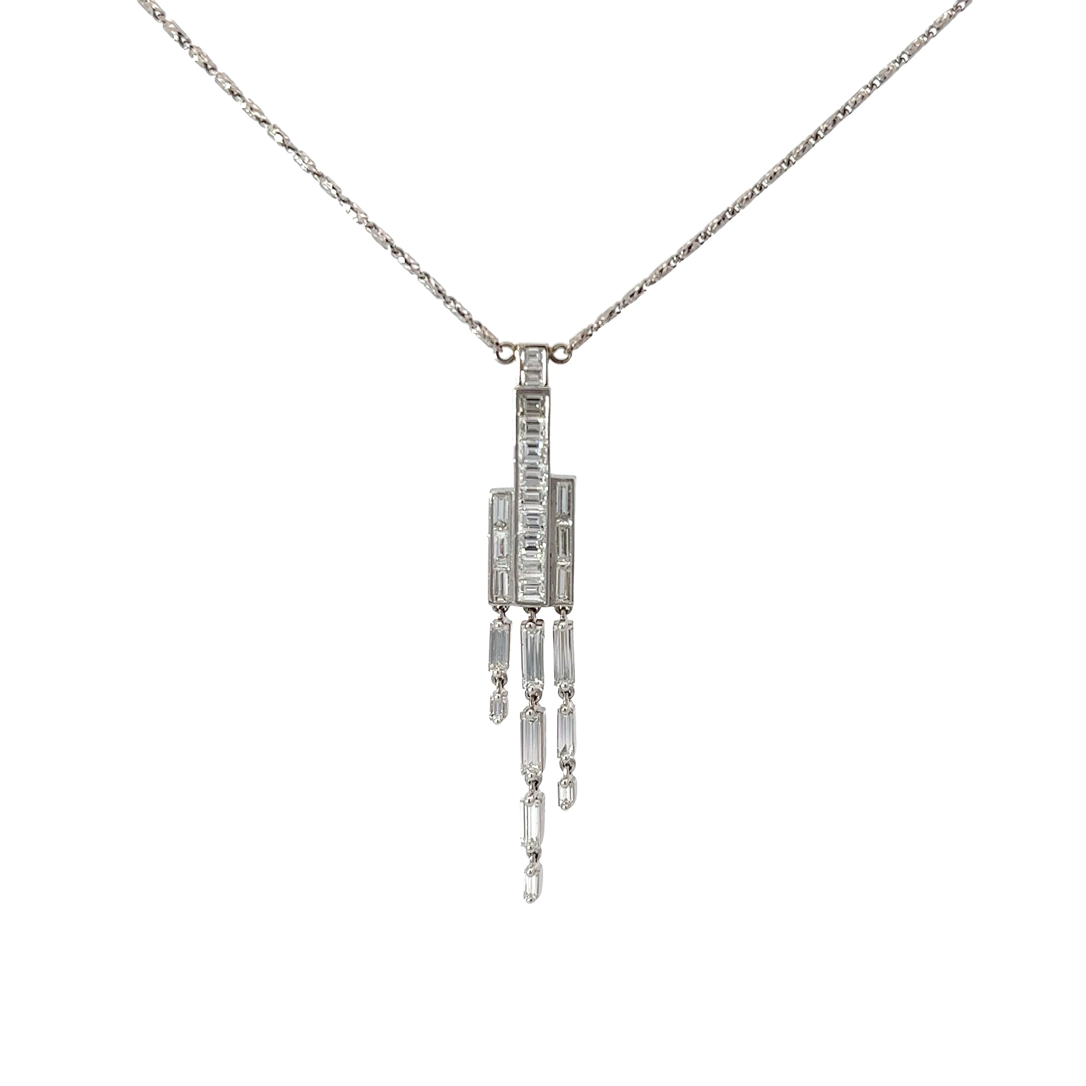 14k White Gold 1.92ct E VVS2 Baguette and Emerald Shaped Diamond Waterfall Necklace