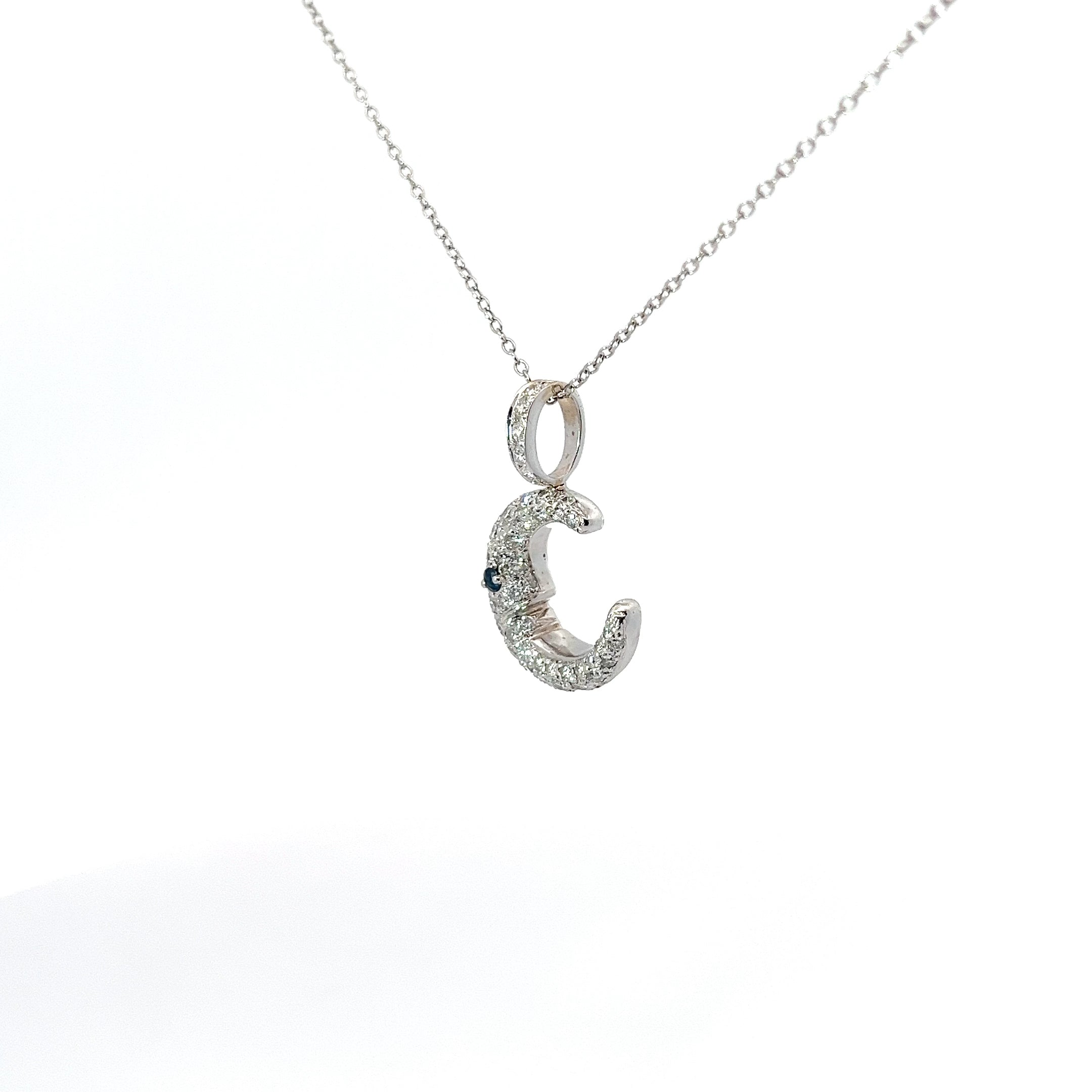 18k White Gold 1.00ct G SI1 Round Diamond and .05ct Round Blue Sapphire Moon Necklace