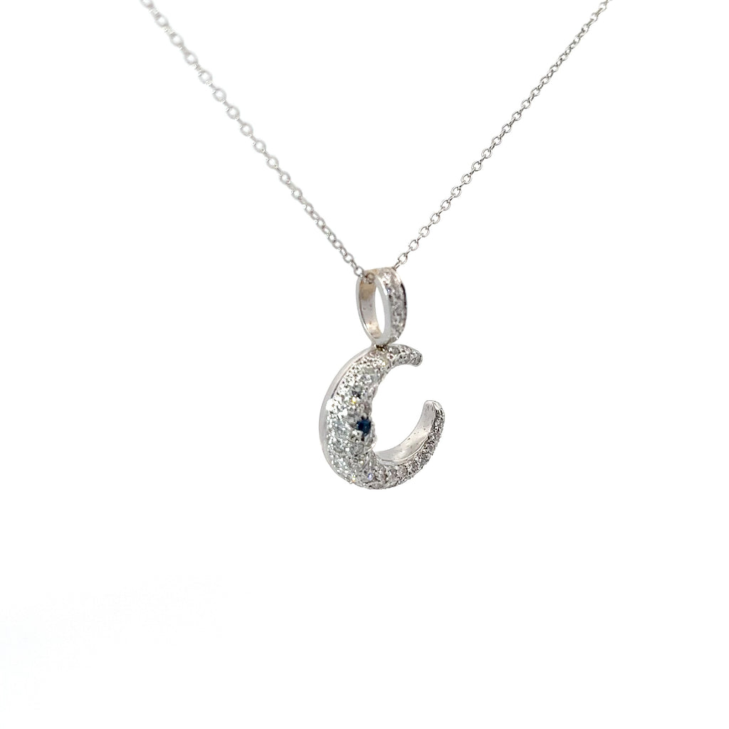 18k White Gold 1.00ct G SI1 Round Diamond and .05ct Round Blue Sapphire Moon Necklace
