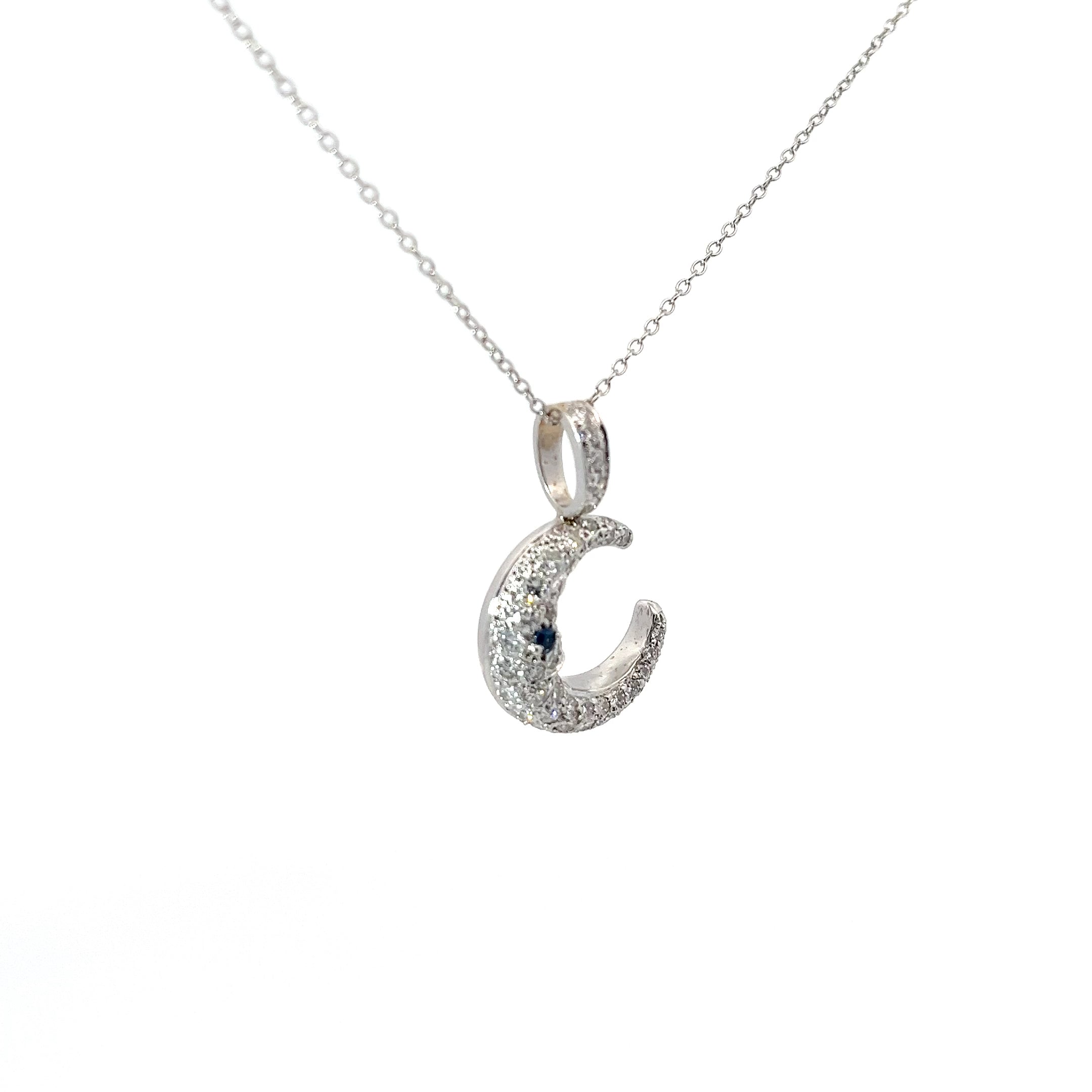 18k White Gold 1.00ct G SI1 Round Diamond and .05ct Round Blue Sapphire Moon Necklace