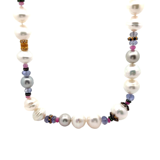 18k Yellow Gold 9.00ct Vivid Sapphire, 3.00ct Ruby, .65ct G VS2 Round,.18ct Emerald and Pearl Strand Necklace