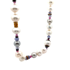 18k Yellow Gold 9.00ct Vivid Sapphire, 3.00ct Ruby, .65ct G VS2 Round ,.18ct Emerald and Pearl Strand Necklace