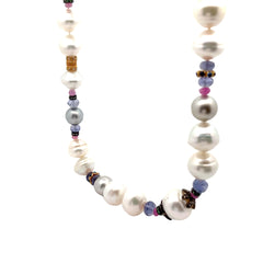 18k Yellow Gold 9.00ct Vivid Sapphire, 3.00ct Ruby, .65ct G VS2 Round ,.18ct Emerald and Pearl Strand Necklace