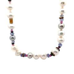 18k Yellow Gold 9.00ct Vivid Sapphire, 3.00ct Ruby, .65ct G VS2 Round ,.18ct Emerald and Pearl Strand Necklace