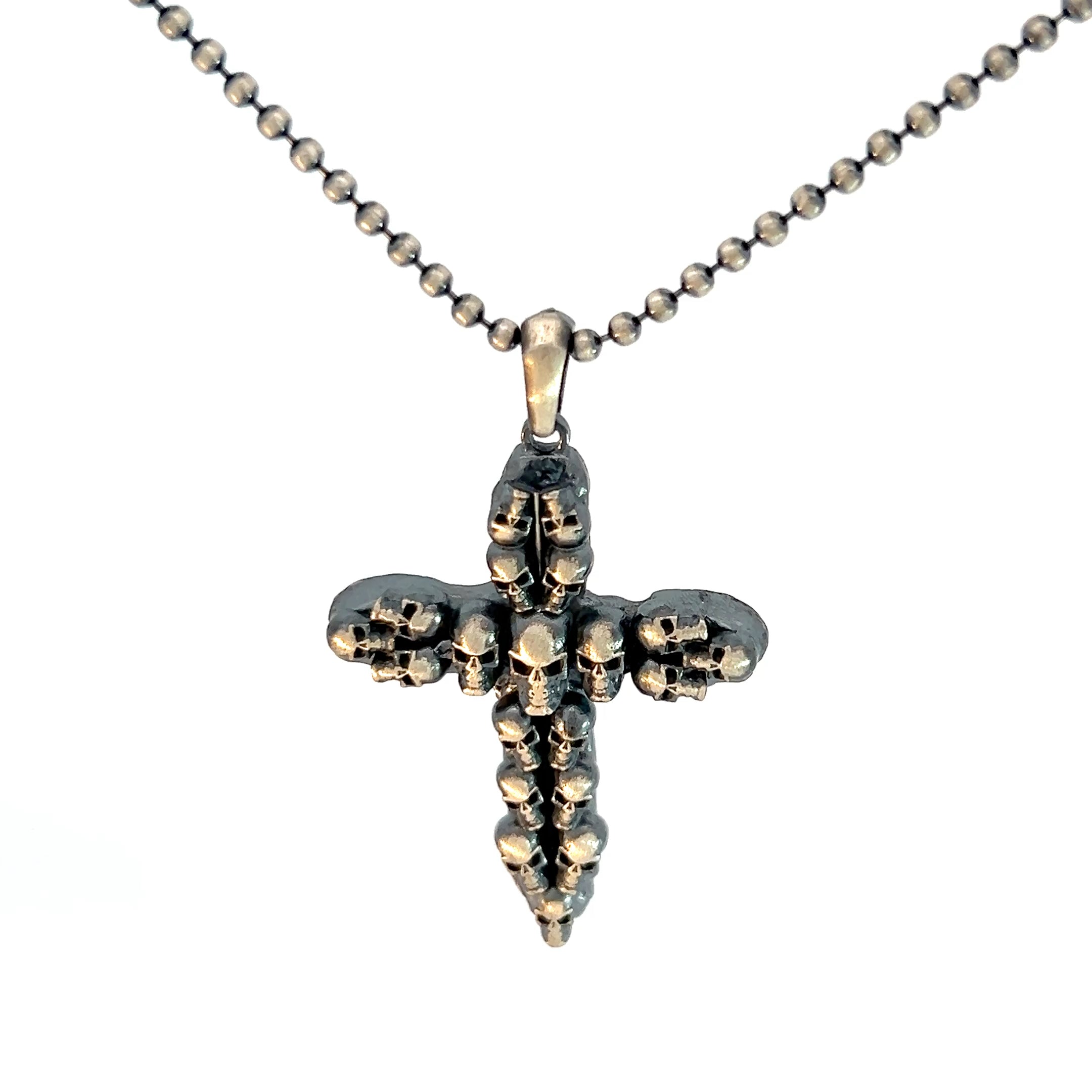 Sterling Silver 14.5 gram Beaded Necklace/Cross with Skeleton Head Pendant