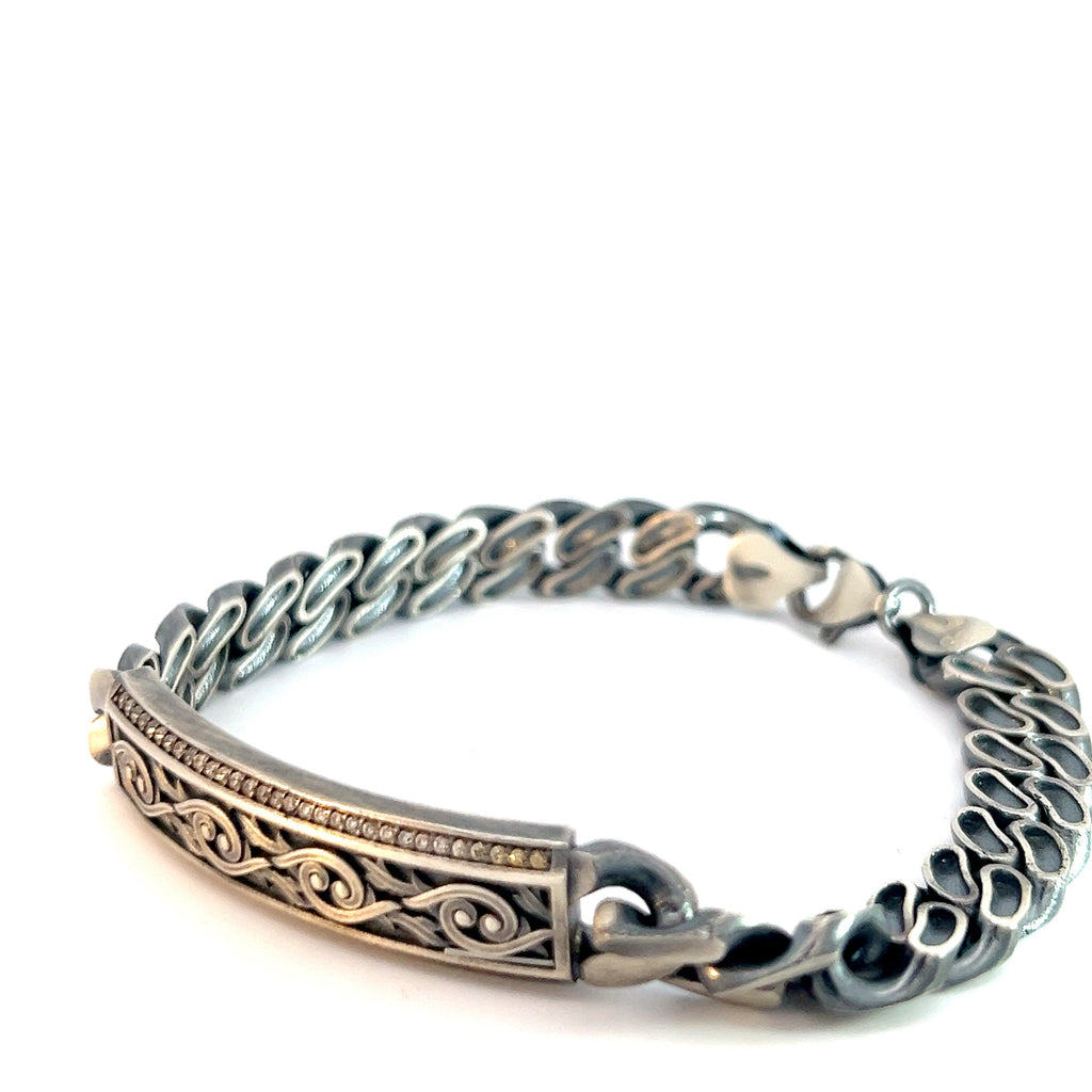 Sterling Silver 33.5 Gram Curb Link Bar with Chocolate Cubic Zirconium Stone Men Bracelet