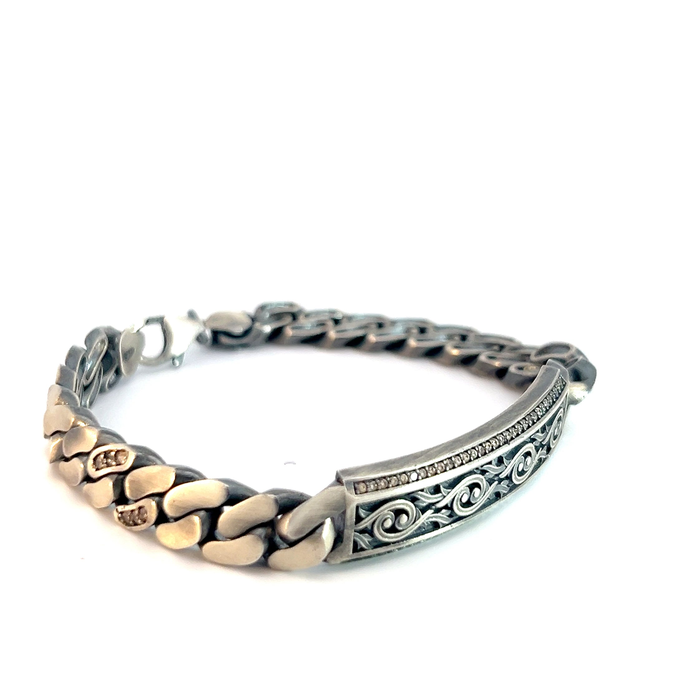 Sterling Silver 33.5 Gram Curb Link Bar with Chocolate Cubic Zirconium Stone Men Bracelet