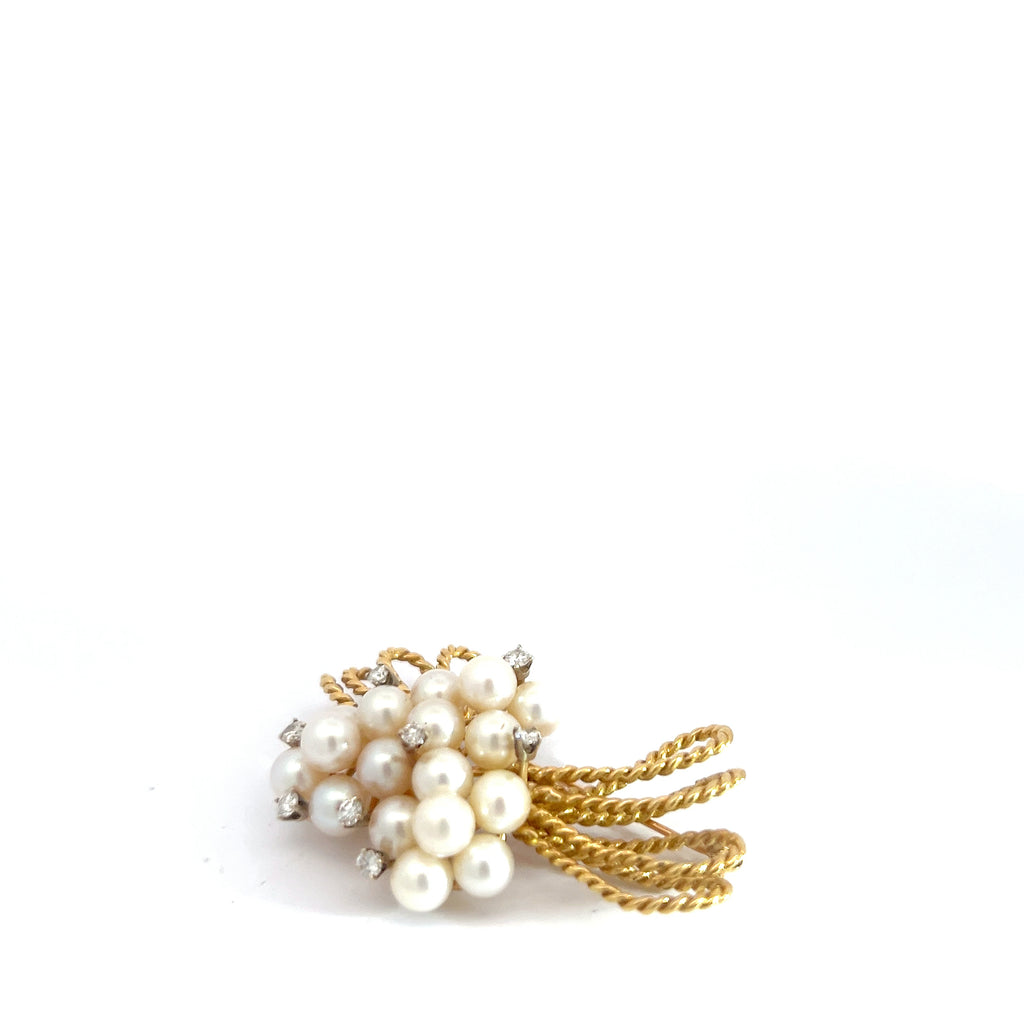 18k Yellow Gold .50ct F VS2 Round Diamond and Vintage French (15) 6mm Floral Pearl Brooch 19.5 Gram
