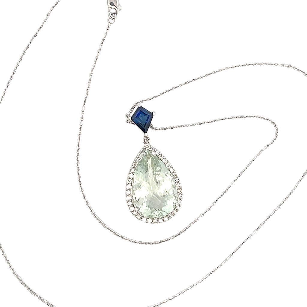 14K WHITE GOLD 10CT PEAR SHAPE GREEN AMETHYST/ .30CT DIAMOND AND KITE SHAPE CREATED BLUE SAPPHIRE