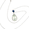 14K WHITE GOLD 10CT PEAR SHAPE GREEN AMETHYST/ .30CT DIAMOND AND KITE SHAPE CREATED BLUE SAPPHIRE
