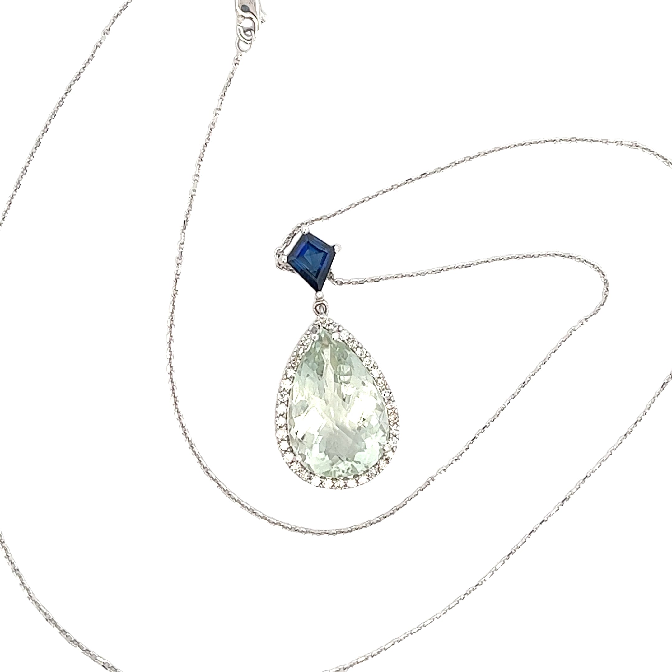 14K WHITE GOLD 10CT PEAR SHAPE GREEN AMETHYST/ .30CT DIAMOND AND KITE SHAPE CREATED BLUE SAPPHIRE