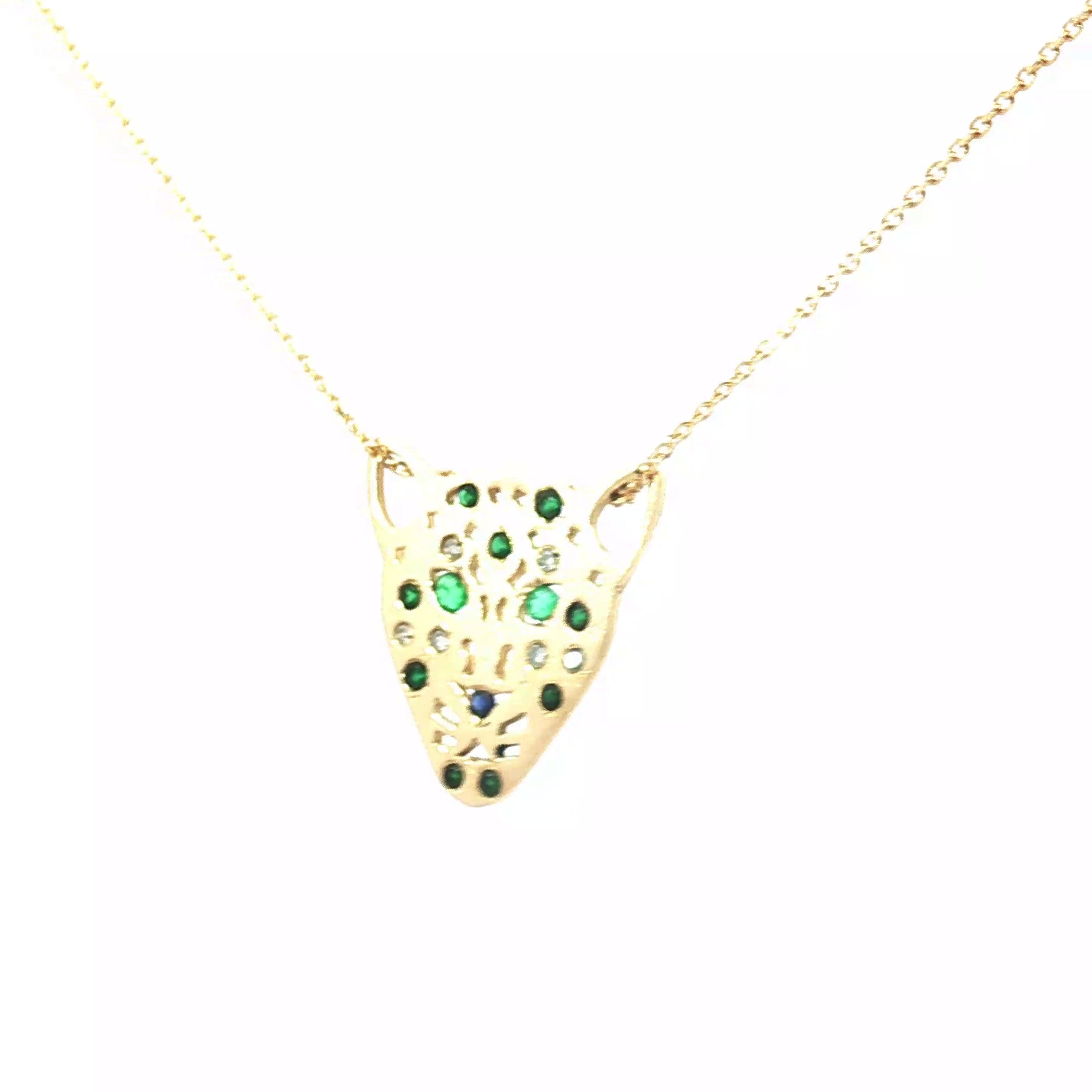 14k Yellow Gold .50ct G SI1 Round Diamond/ Round Emerald Sapphire Panther Head Pendant