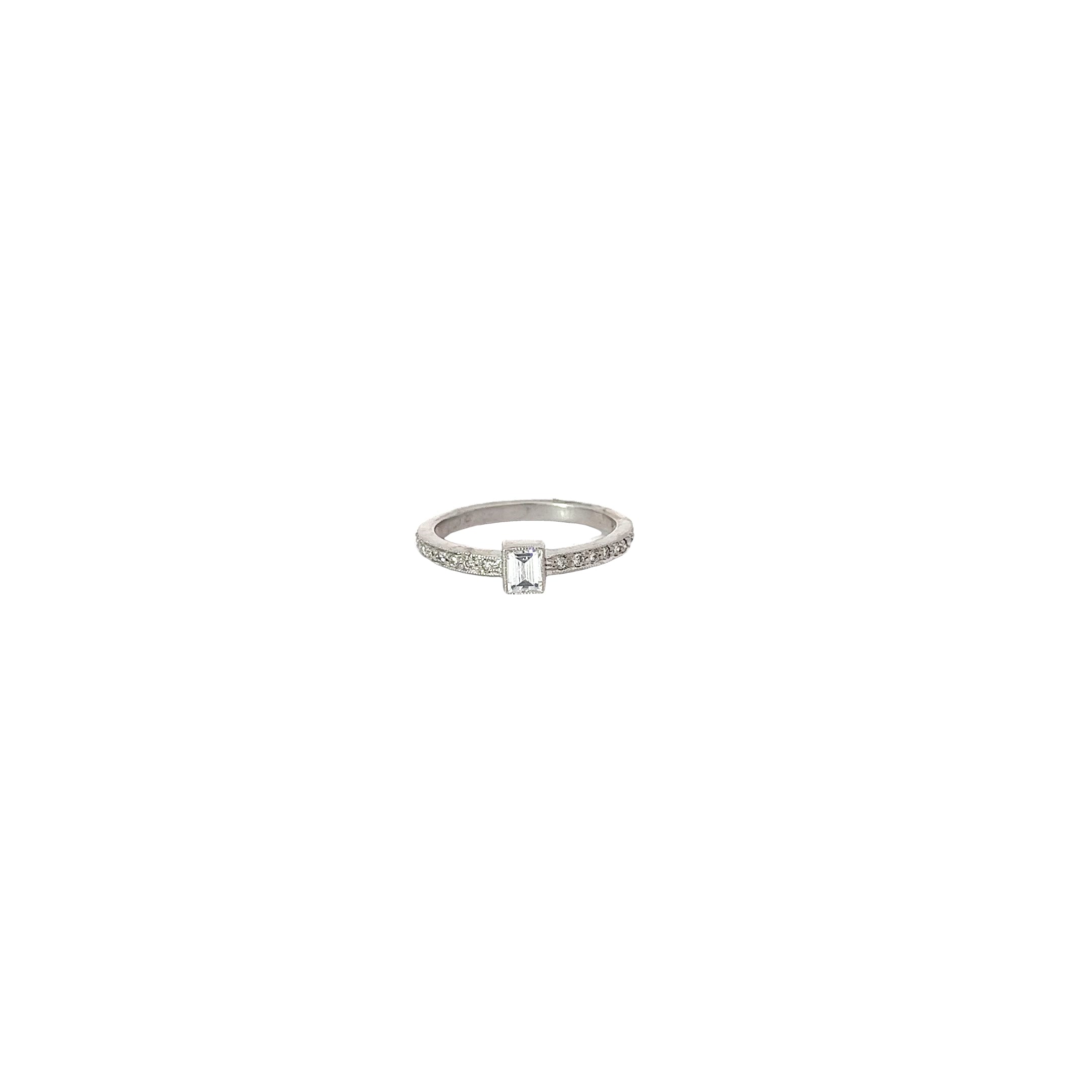 18k White Gold  .30ct F VS2 Emerald Cut Diamond /.20ct F VS2 Round Diamond Ring
