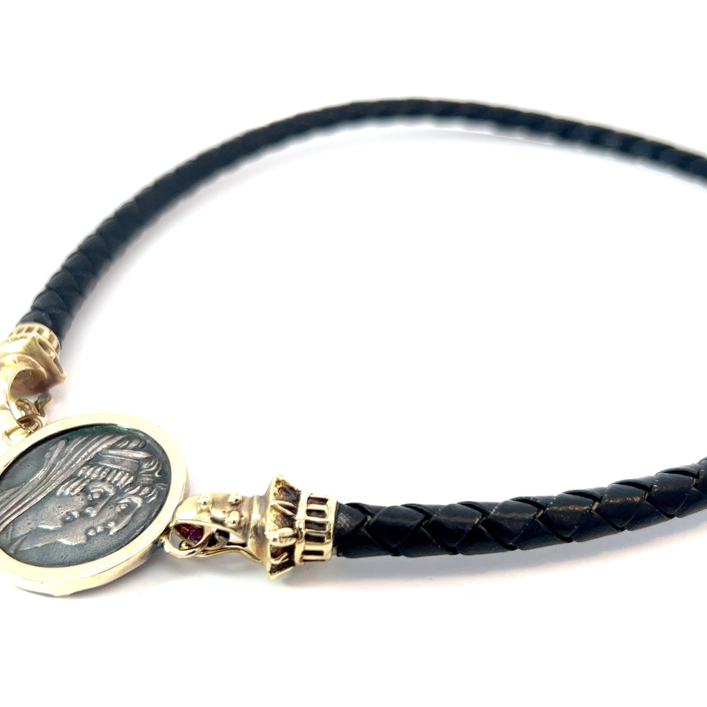 Ancient Roman Silver Coin Set in 14k Yellow Gold Bezel on a Leather Cord Necklace