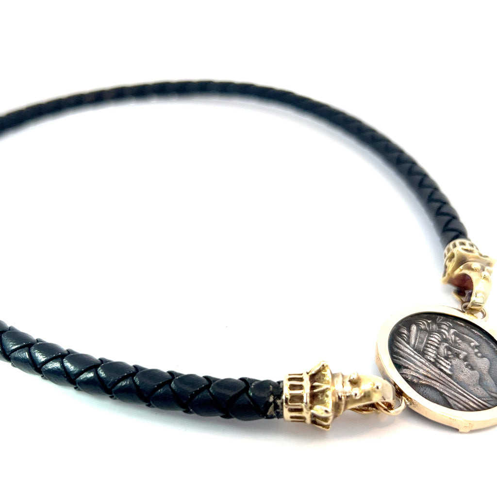 Ancient Roman Silver Coin Set in 14k Yellow Gold Bezel on a Leather Cord Necklace